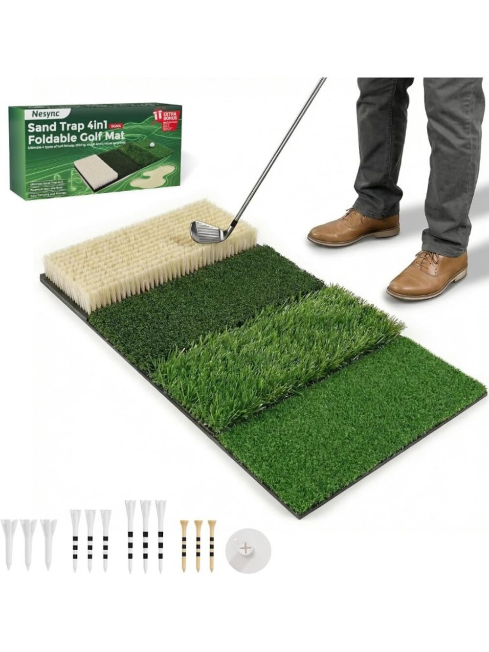 4-in-1 Foldable Heavy-Duty Golf Practice Mat with Anti-Slip Backing & Tees